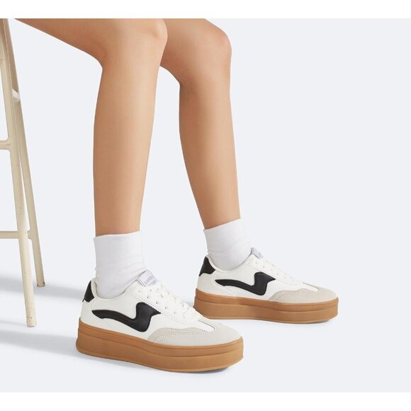 Women Platform WhiteBlack Sneaker Thick Sole Suede Leather Low Top Walking Shoes - Picture 8 of 9